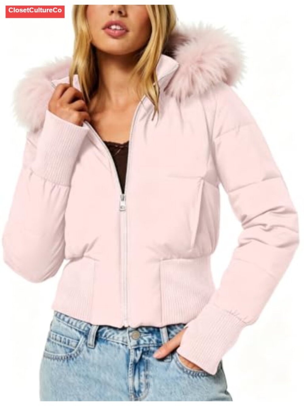 Womens Faux Fur Cropped Puffer Jacket Quilted Winter Coat